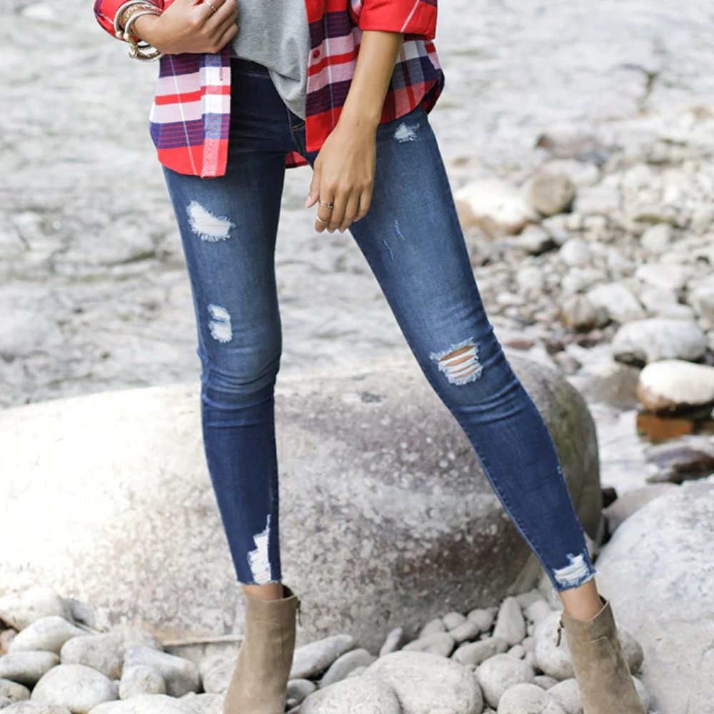 Distressed Mid-Rise Pull-On Denim (Washed Indigo)